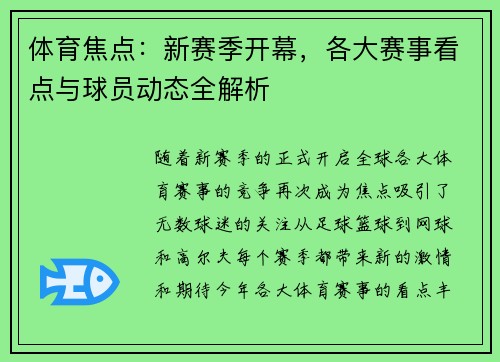 体育焦点：新赛季开幕，各大赛事看点与球员动态全解析