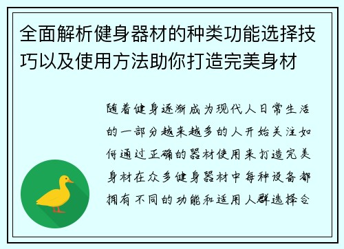全面解析健身器材的种类功能选择技巧以及使用方法助你打造完美身材