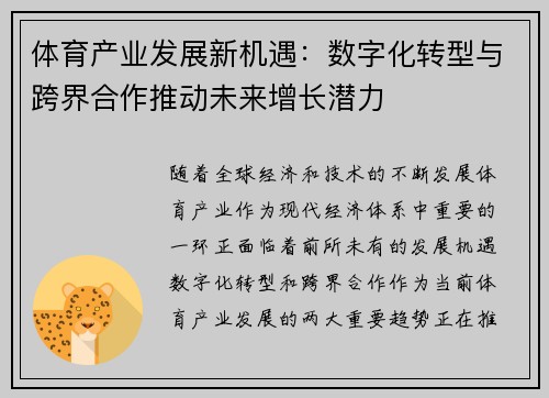 体育产业发展新机遇：数字化转型与跨界合作推动未来增长潜力